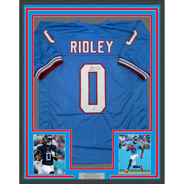 Framed Autographed/Signed Calvin Ridley 35x39 Tennessee Blue Jersey BAS COA