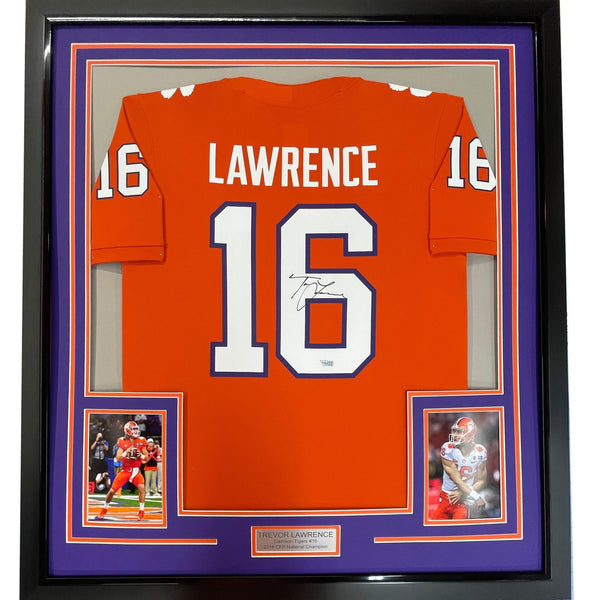Framed Autographed/Signed Trevor Lawrence 35x39 Clemson Jersey Fanatics COA