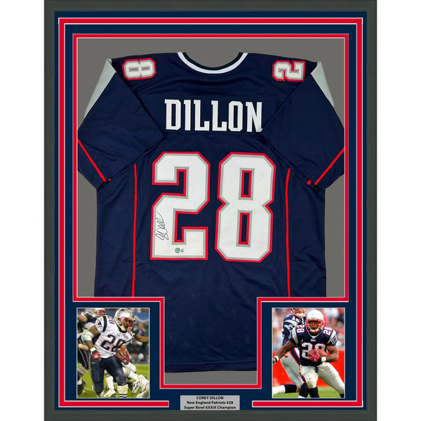 Framed Autographed/Signed Corey Dillon 33x42 New England Blue Jersey BAS COA