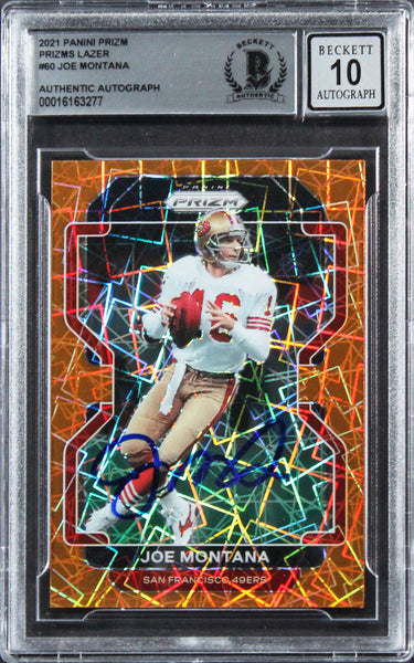 49ers Joe Montana Signed 2021 Panini Prizm Lazer #60 Card Auto 10! BAS Slabbed