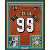 FRAMED Autographed/Signed JASON TAYLOR 33x42 Miami Orange Jersey JSA COA Auto