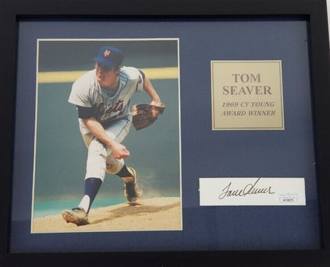 Tom Seaver Signed New York Mets Cut Signature in 9"x11" Framed Display (JSA COA)