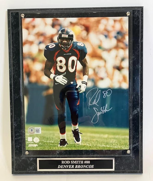 Rod Smith Autographed Denver Broncos (Navy) 8x10 Photo w/ Plaque Beckett COA