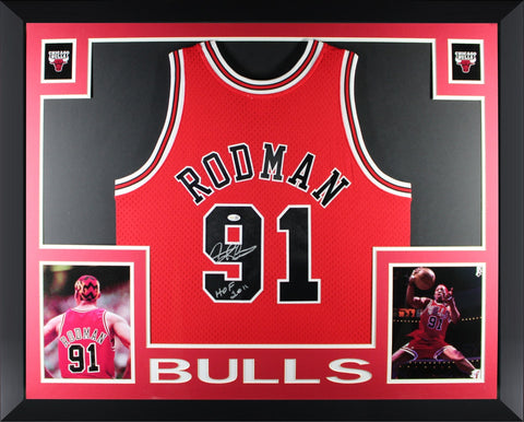 Dennis Rodman Autographed Chicago Bulls Mitchell Ness Framed Jersey HOF 2011 JSA