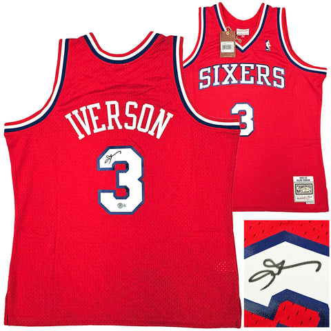 76ERS ALLEN IVERSON AUTOGRAPHED RED AUTHENTIC M&N 2002-03 HWC JERSEY XL BECKETT