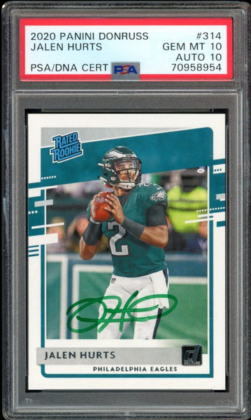 2020 Donruss Rated Rookie Jalen Hurts On Card Green Ink PSA 10/10 Auto GEM MINT