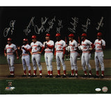 J Bench, P Rose, T Perez Signed Cincinnati Reds Unframed 16x20 Photo 8 sigs