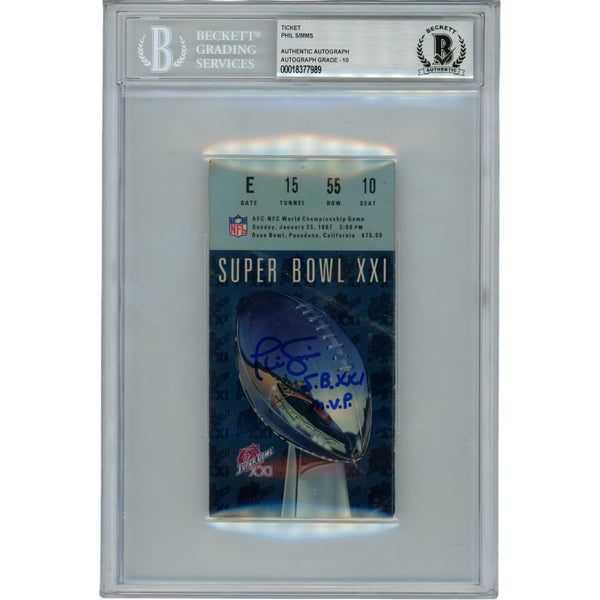 Phil Simms Autographed New York Giants Ticket Stub SB XXI MVP Slab Beckett 53170