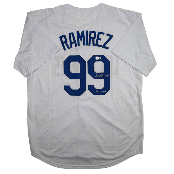Autographed/Signed Manny Ramirez Los Angeles White Jersey Beckett BAS COA