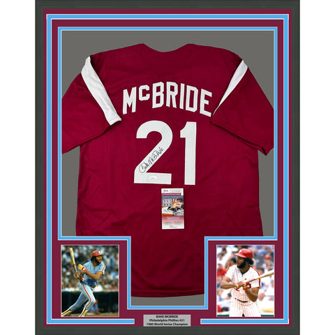 Framed Autographed/Signed Bake McBride 33x42 Retro Maroon Jersey JSA COA