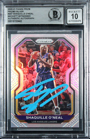 Lakers Shaquille O'Neal Signed 2020 Panini Prizm Silv #207 Card Auto 10 BAS Slab