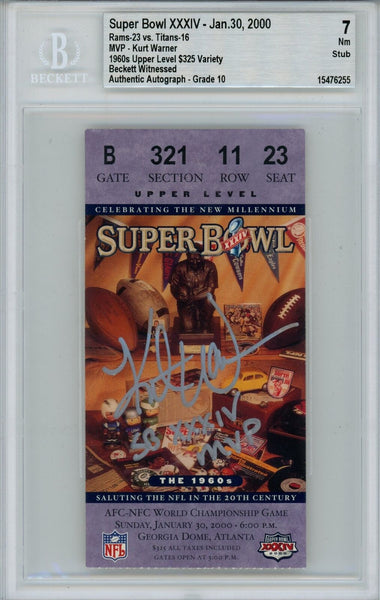 Kurt Warner Signed St Louis Rams Grade 7 Ticket Stub SB MVP Beckett 40350