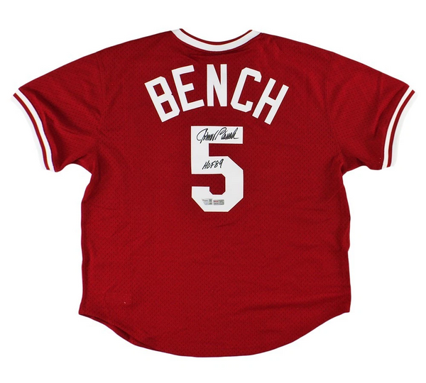 Johnny Bench Signed Cincinnati Reds Mitchell & Ness Red MLB Jersey With "HOF 89"