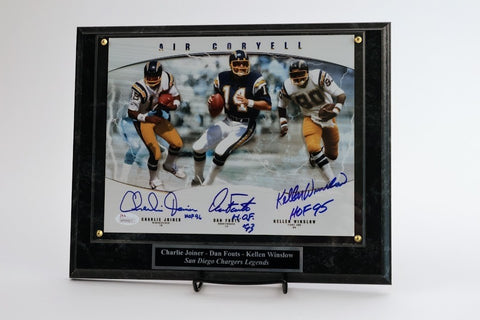 Chargers HOF (Fouts Winslow Joiner) Autographed 8x10 Photo with Plaque JSA COA