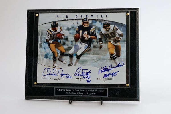 Chargers HOF (Fouts Winslow Joiner) Autographed 8x10 Photo with Plaque JSA COA