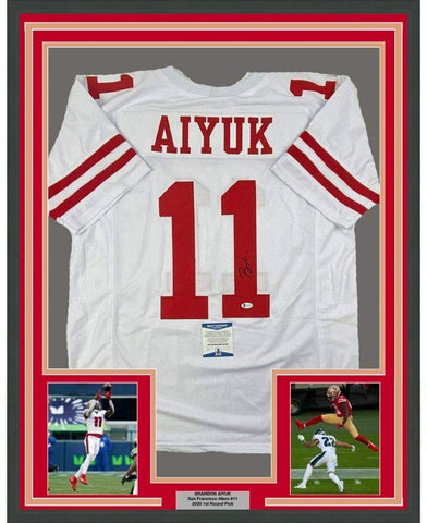 Framed Autographed/Signed Brandon Aiyuk 33x42 San Francisco White Jersey BAS COA