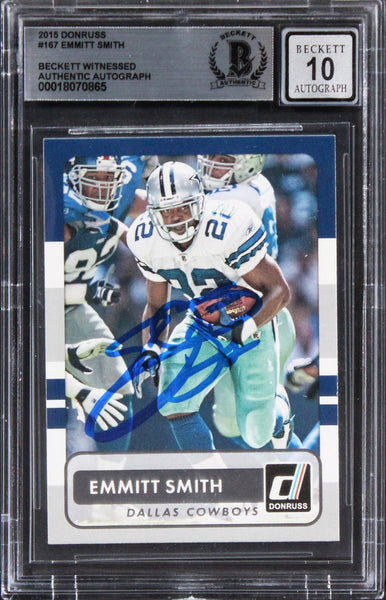 Cowboys Emmitt Smith Signed 2015 Donruss #167 Card Auto Graded 10! BAS Slabbed