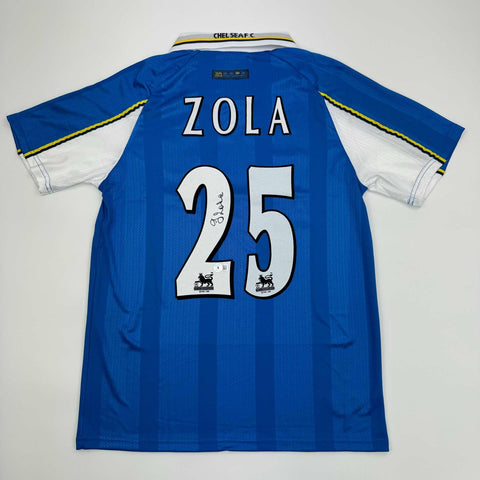 Autographed/Signed Gianfranco Zola Chelsea FC Blue Soccer Jersey Beckett BAS COA