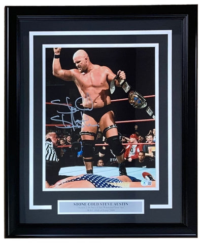 Stone Cold Steve Austin Signed Framed 11x14 WWE Photo vs Kurt Angle BAS