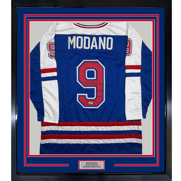 Framed Autographed/Signed Mike Modano 35x39 USA Blue Jersey Beckett BAS COA