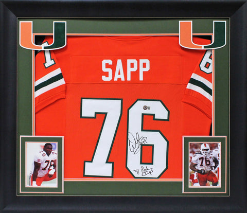 Miami Warren Sapp "91 Ntnl Champs" Signed Orange Pro Style Framed Jersey BAS Wit