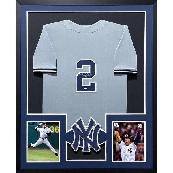 Derek Jeter Autographed Signed Framed Grey New York Yankees 2P Jersey STEINER