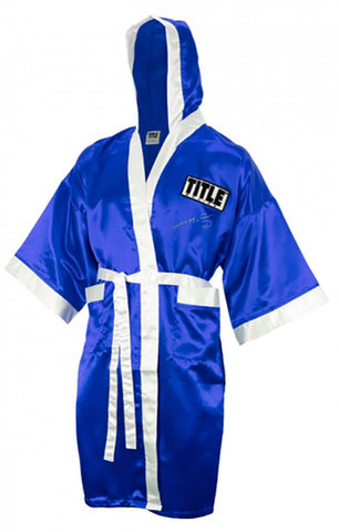 Sugar Ray Leonard Signed Title Blue/White Trim Boxing Robe With Hood - (SS COA)