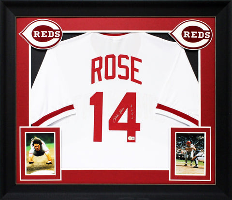 Pete Rose "4256" Authentic Signed White Pro Style Framed Jersey BAS 4