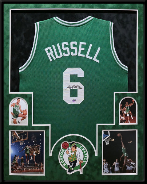 SUEDE FRAMED BOSTON CELTICS BILL RUSSELL AUTOGRAPH SIGNED JERSEY HOLLYWOOD HOLO
