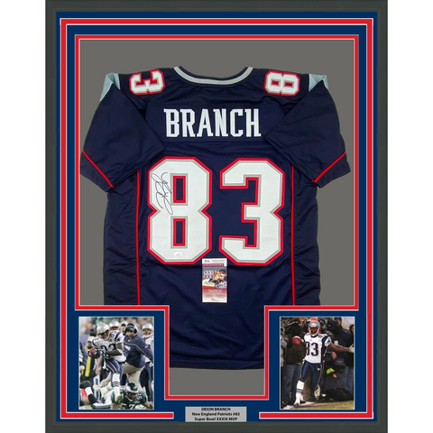 Framed Autographed/Signed Deion Branch 33x42 #83 Blue Football Jersey JSA COA