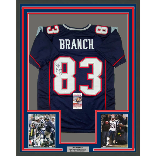 Framed Autographed/Signed Deion Branch 33x42 #83 Blue Football Jersey JSA COA