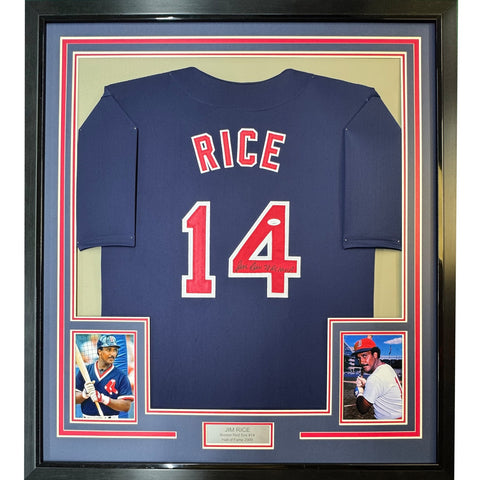 FRAMED Autographed/Signed JIM RICE 35x39 Boston Blue Jersey JSA COA