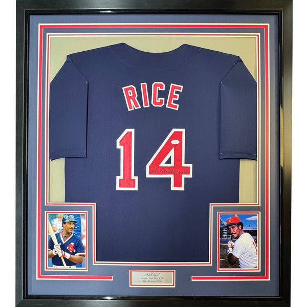 FRAMED Autographed/Signed JIM RICE 35x39 Boston Blue Jersey JSA COA
