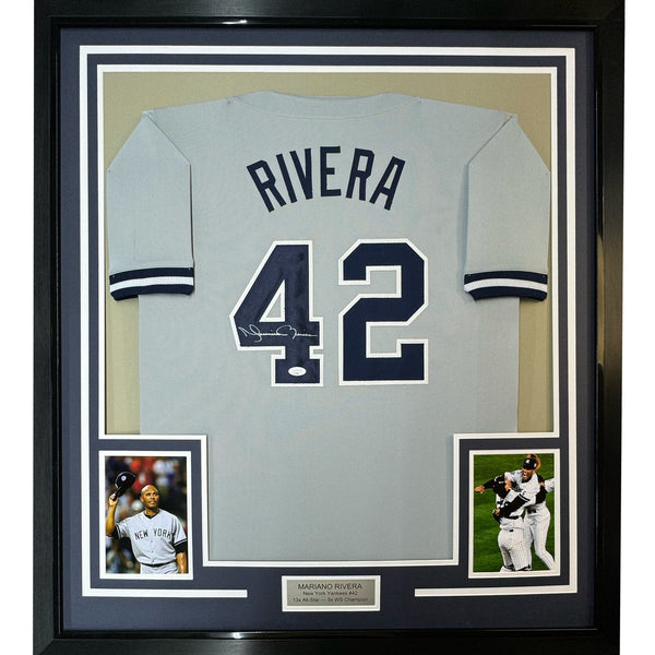 Framed Signed Mariano Rivera 35x39 New York Grey Jersey JSA COA/LOA