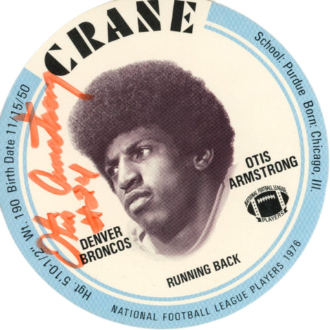 Otis Armstrong Autograpghed 1976 Crane Football Disc Potato Chips Beckett 59271