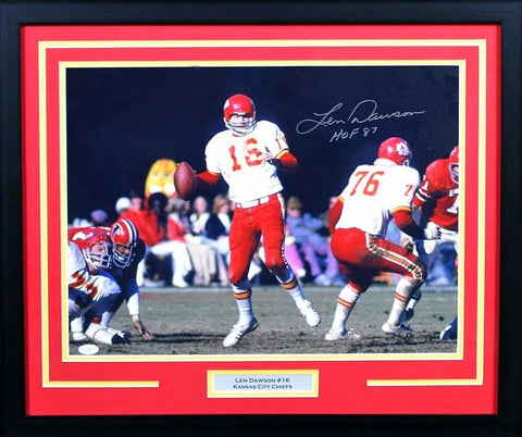 LEN DAWSON AUTOGRAPHED KANSAS CITY CHIEFS 16x20 FRAMED PHOTO JSA