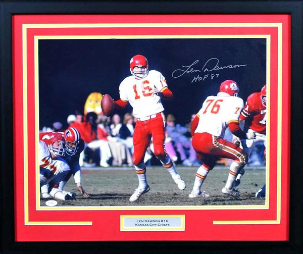 LEN DAWSON AUTOGRAPHED KANSAS CITY CHIEFS 16x20 FRAMED PHOTO JSA