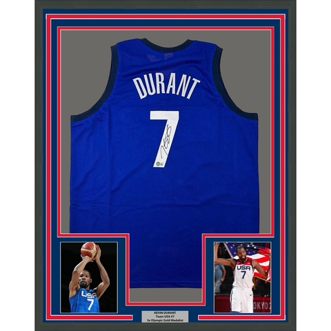 Framed Autographed/Signed Kevin Durant 33x42 USA Olympics Blue Jersey BAS COA