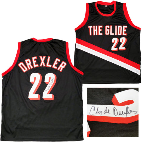 TRAILBLAZERS CLYDE DREXLER AUTOGRAPHED BLACK JERSEY THE GLIDE JSA 202352