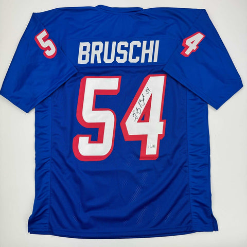 Autographed/Signed Tedy Bruschi New England Retro Blue Football Jersey BAS COA