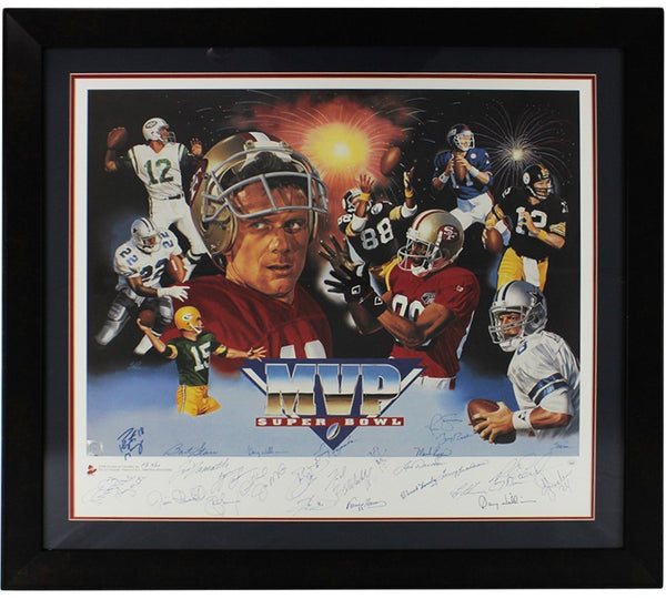 28 Super Bowl MVP's Multi-Signed Framed Print including Bart Starr, Joe Montana,