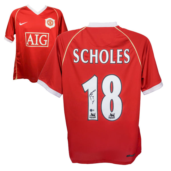 Paul Scholes Signed Manchester Utd Home Soccer Jersey #18 with Beckett Witness