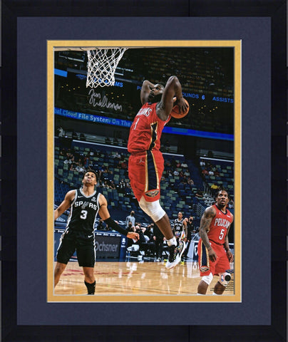 FRMD Zion Williamson New Orleans Pelicans Signed 16x20 Dunk in Red Jersey Photo