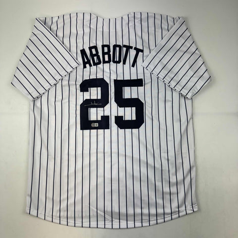 Autographed/Signed Jim Abbott New York Yankees White Pinstripe Jersey BAS Holo
