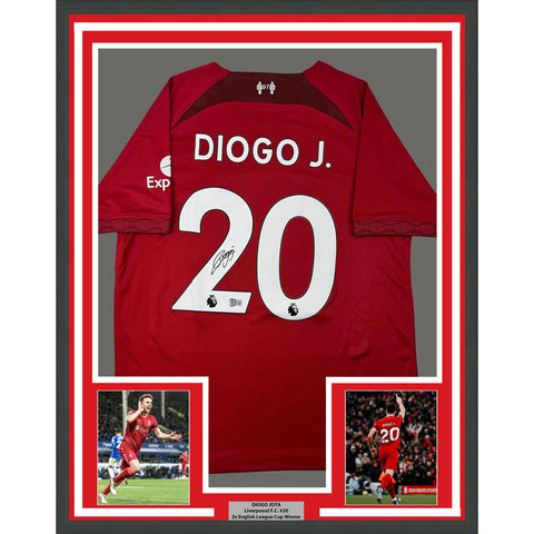 Framed Autographed/Signed Diogo Jota 33x42 Liverpool Red Soccer Jersey BAS COA