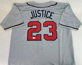 Dave Justice Signed Atlanta Braves Road Jersey (Beckett) 2xWorld Series Champ OF