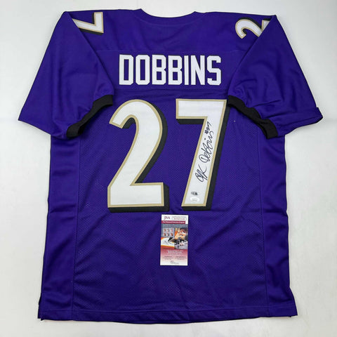 Autographed/Signed J.K. Dobbins Baltimore Purple Football Jersey JSA COA
