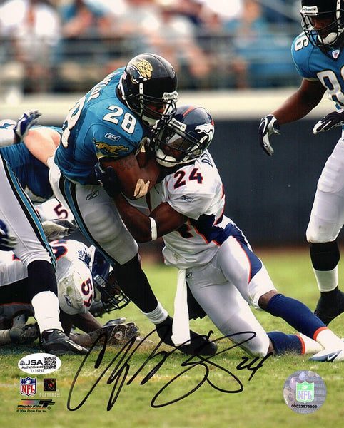 Champ Bailey Signed Denver Broncos Tackle Action vs Jaguars 8x10 Photo (JSA COA)