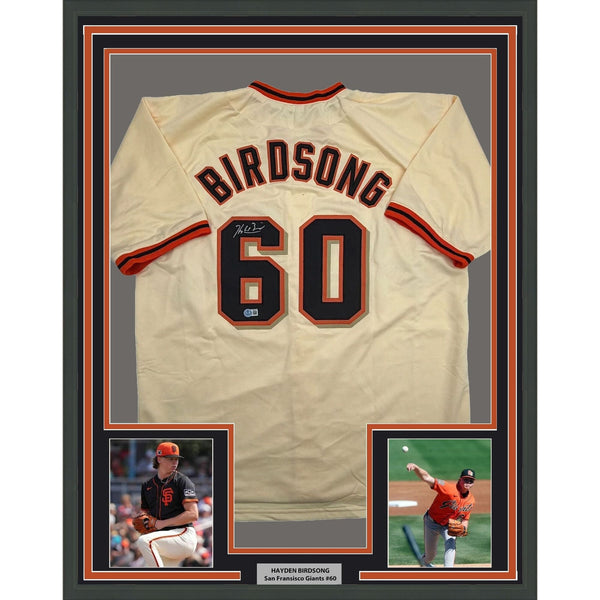 Framed Autographed/Signed Hayden Birdsong 35x39 SF Cream Jersey Beckett COA