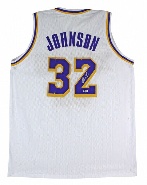 Magic Johnson Signed Los Angeles Lakers White Jersey (Beckett COA) 5xNBA Champ